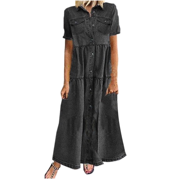 safuny Sales Women's Dress Denim Jacket Jean Long Dresses with Pocket Comfy Casual V-Neck Long Sleeve Solid Color Dressy Loose Plus Size For Mujer Elegante Black S
