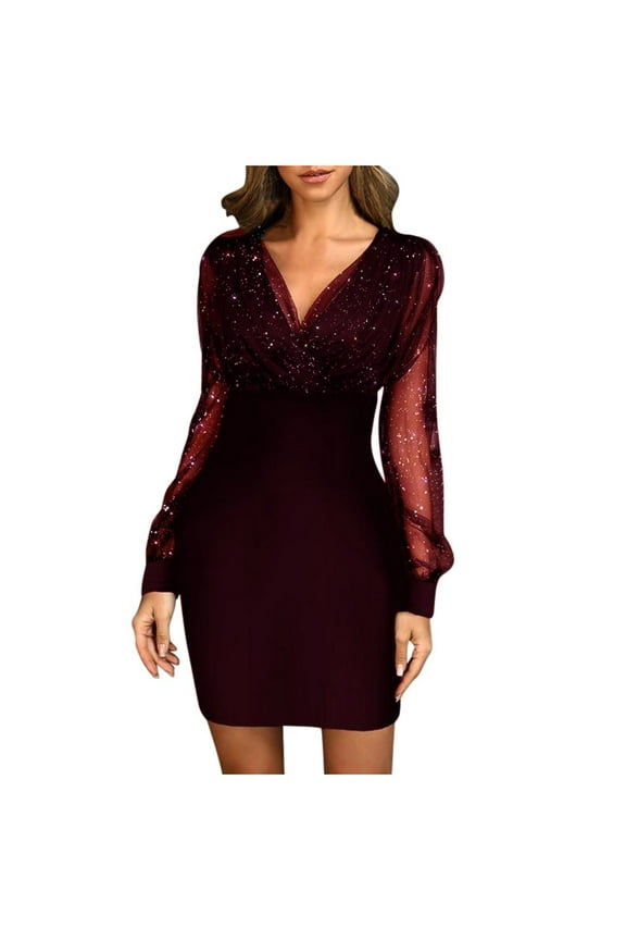 Sales Women's Dress Plus Size Dressy Loose V-Neck Retro Party Dress Comfy Casual Long Sleeve Solid Color for Mujer Elegante Wine M