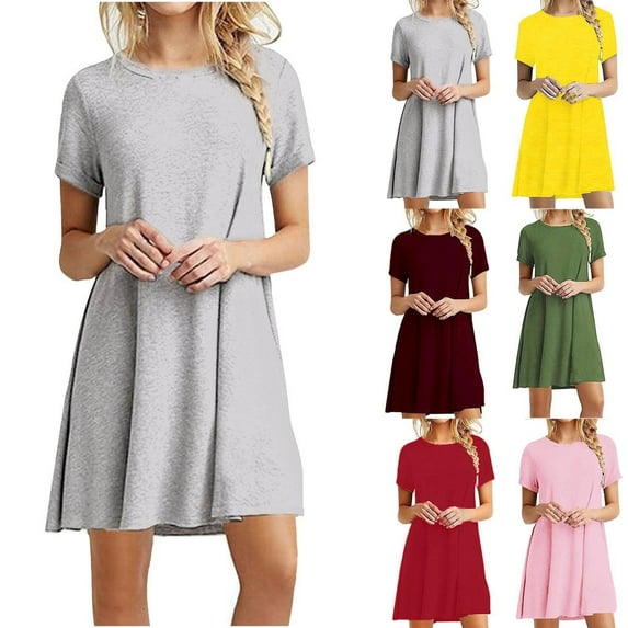 safuny Sales Women's Knee-High Dress Dressy Loose High Waist Swing Mini Mide-Calf Dress Comfy Casual Plus Size Crewneck Short Sleeve Solid Color For Mujer Elegante Pink S