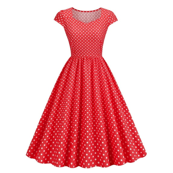 safuny Women's Knee-High Dress Scallop Neck Dressy Loose Short Sleeve Color Block Plus Size Polka-Dot Bow Tie Stitching Long Swing Dress Comfy Casual for Mujer Elegante Red S