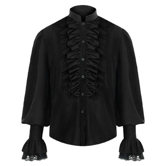 safuny Savings Mens Tops Long Sleeve Ruffled Renaissance Shirt Steampunk Trumpet Comfy Casual Dressy Loose Pullover Plus Size Clothes Stand Colllar Solid Color Black XXL