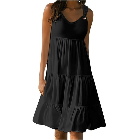 safuny Savings Women's Dress Plus Size Crewneck Sleeveless Solid Color Holiday Summer Swing Party Beach Dress Comfy Casual Dressy Loose For Mujer Elegante