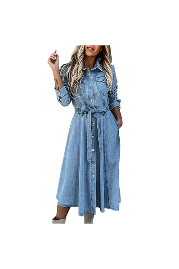 s Women's Mid-Calf Dress Turn Down Collar Dressy Loose Long Sleeve Solid Color Plus Size Denim Jacket Jean Long Dresses with Pocket Comfy Casual for Mujer Elegante Blue M