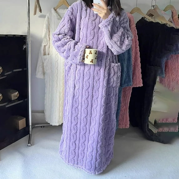 TYGHBN Women's Solid Color Round Neck Pocket Thread Long Over Knee Winter Nightdress Knit Nightgown Oversized Night Shirts Women plus Turtle Nightgown Sleep T Shirts Dress Thermal Night Shirts Women