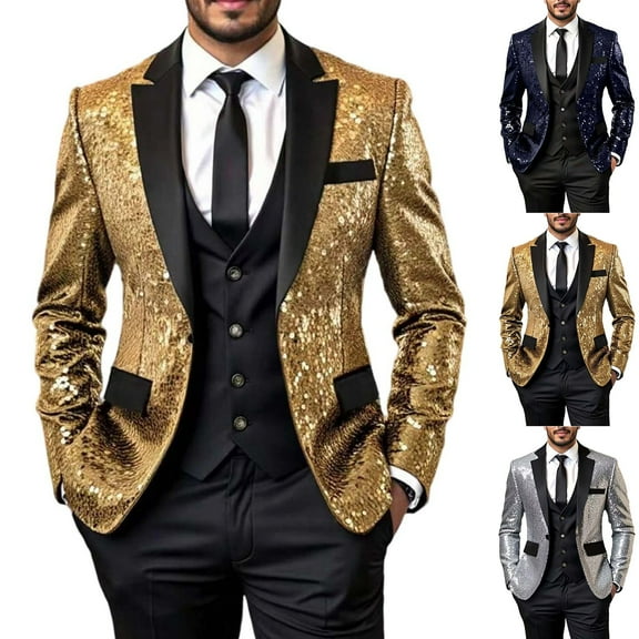 safuny Sequins Men Tuxedo Sparkly Lapel Homecoming Suit Glitter Party Prom Festival Blazer Blue L