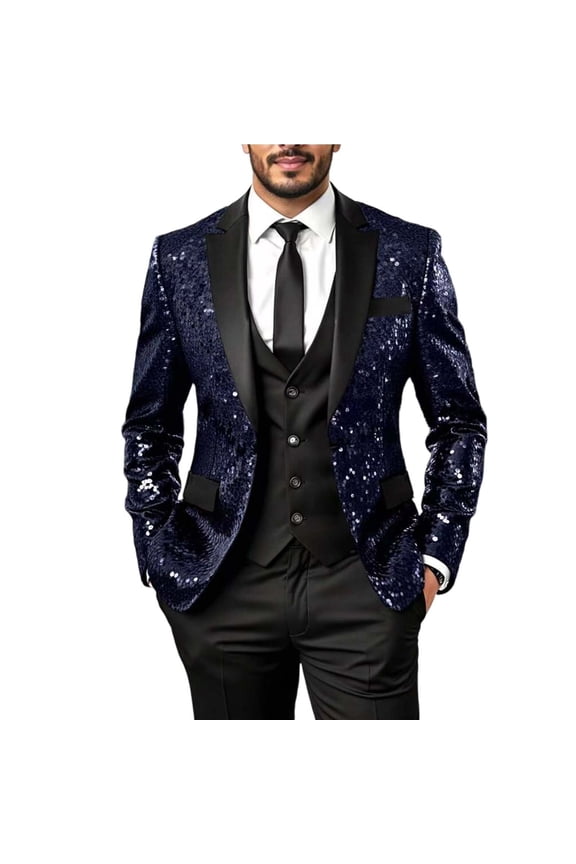 Sequins Men Tuxedo Sparkly Lapel Homecoming Suit Glitter Party Prom Festival Blazer Blue M