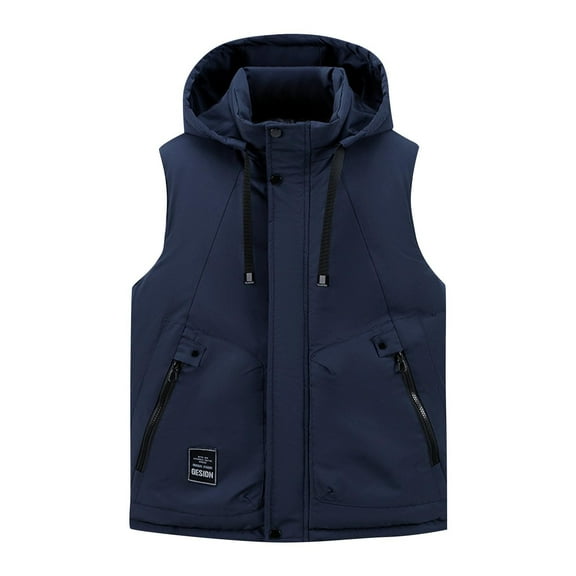 safuny Sleeveless Hooded Men's Casual Jacket with Pockets Fashion Zipper Thick Outerwear for Outdoor Activities Everyday Wear Navy S