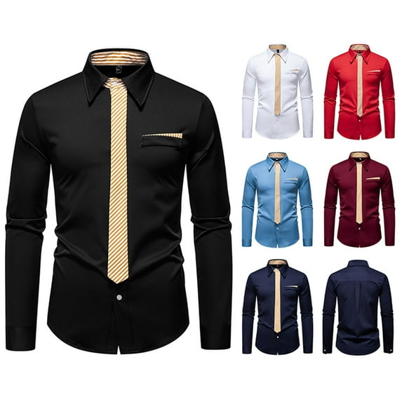 safuny Solid Colors Mens Dress Shirt Matching Tie Formal Business Wedding Shirts Long Sleeve Button Down Lapel Tops Black L