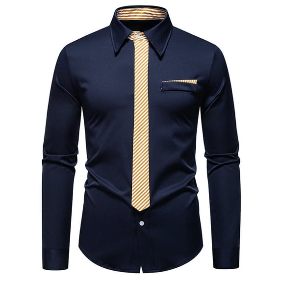 safuny Solid Colors Mens Dress Shirt Matching Tie Formal Business Wedding Shirts Long Sleeve Button Down Lapel Tops Navy XL
