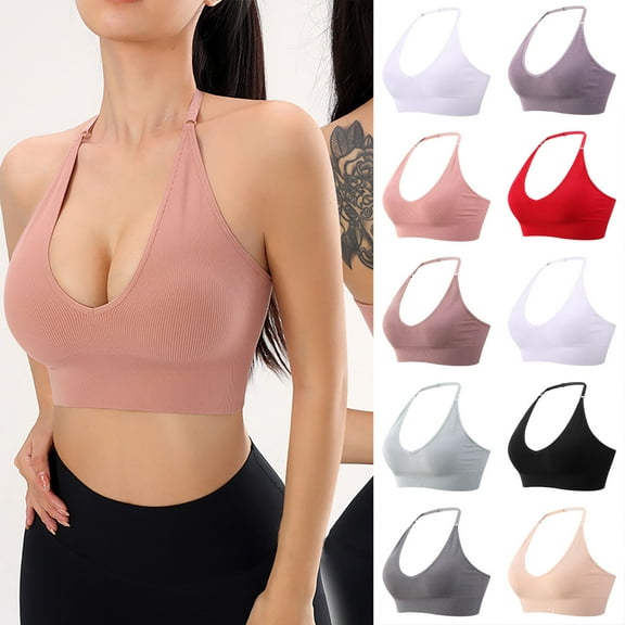safuny Sports Everyday Bra Halter for Women Seamless Smoothing Yoga Running Training Shock-proof Wireless Holiday Ultra Light Lingerie Brassiere Underwear Comfort Daily Beige L