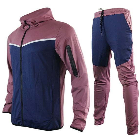 safuny Sports Suit Tracksuit for Men Soft Pockets Elastic Waist Color Block Comfy Lounge Casual Fashion Fall Trousers Long Sleeve Hooded Casual Outwear Jackets Sets Hot Pink M