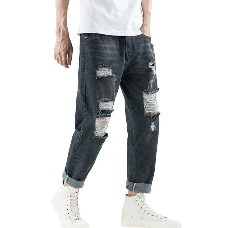 safuny Straight Leg Pants for Men Fashion Fall Spring Trousers Soft Hole Bottom Slim Fit Denim Jeans Elastic Waist Comfy Lounge Casual Solid Color