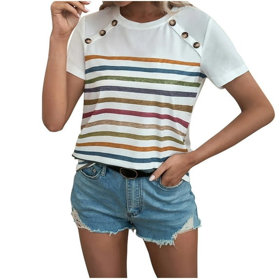 safuny Summer Loose Comfy Tops for Women Clearance Stripe Tops Short Sleeve Trendy Tees Round Neck Shirts Elegant Casual Vintage Fashion Clothing White L