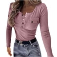 thumbnail image 1 of safuny Summer Sale Womens Tops Solid Color Henley Neck T-shirt Comfy Casual Long Sleeve Plus Size Clothes Dressy Loose Pullover Pink XXL, 1 of 5