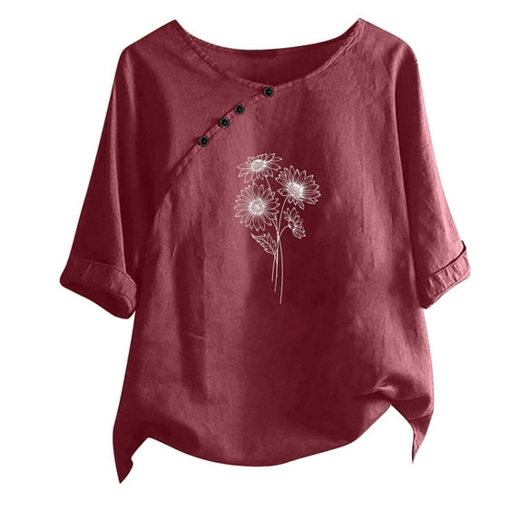 safuny Summer Trendy Cotton Comfy Tops for Women Clearance Solid Button Tops Short Sleeve Tees Round Neck Shirts Elegant Casual Fashion Vintage Clothing Red
