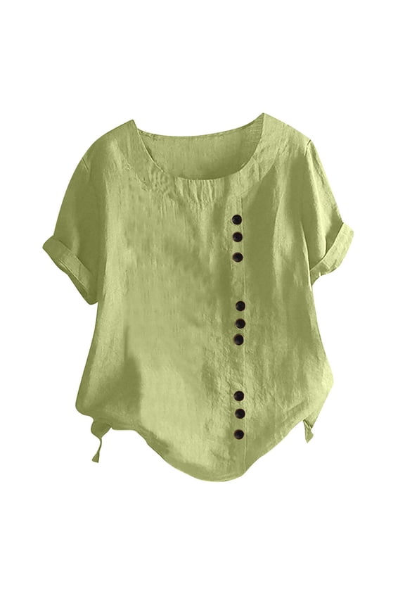 Summer Trendy Cotton Comfy Tops for Women Solid Button Tops Short Sleeve Tees Round Neck Shirts Elegant Casual Fashion Vintage Clothing Mint Green XXL