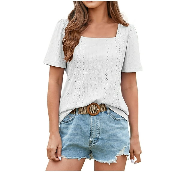 safuny Summer Trendy Loose Comfy Tops for Women Clearance Solid Tops Short Sleeve Tees Square Neck Shirts Eyelet Elegant Fashion Vintage Clothing White M