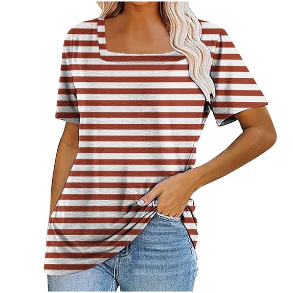 safuny Summer Trendy Loose Striped Tops for Women Solid Tops Short Sleeve Tees Square Neck Shirts Eyelet Elegant Fashion Vintage Clothing Yellow M