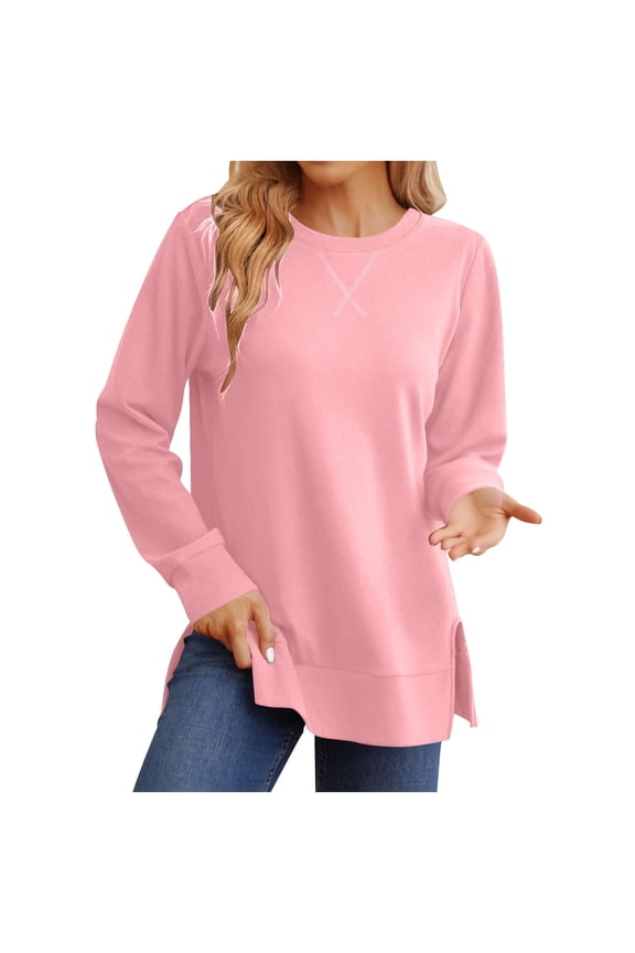 Sweatshirt for women Side Split Hem Fall Fashion Pullover Crewneck Long Sleeve Pullover Casual Loose Tops Pink _e M