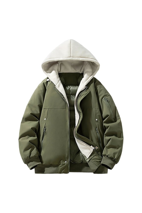 Thick Long Sleeve Hooded Coat Fake Two-piece Breathable Soft Fabric Casual Standout Fashion Outerwear Ideal for Outdoor Daily Wear Army Green L
