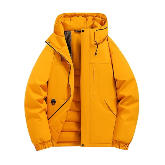 safuny Thick Warm Long Sleeve Hooded Zipper Cardigan Windproof Waterproof Men’s Jacket Soft Breathable Fabric Casual Outdoor Fashion Wear Yellow M