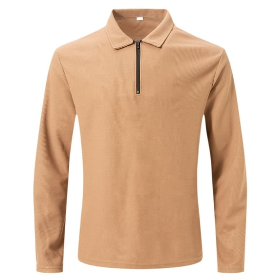 safuny Turn Down Collar Shirts Loose Waffle Tops for Men Long Sleeve Tees Fall Casual Cotton Sweatshirts Solid Color Pullover Quarter Zipper Fashion Outwear Brown XXL