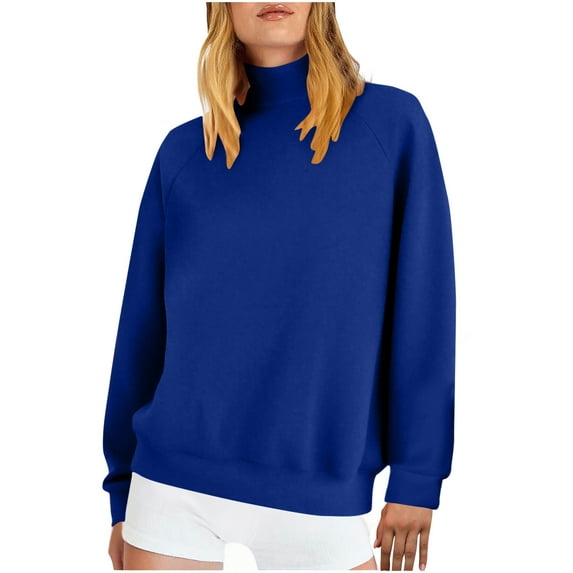safuny Turtleneck Pullover Sweatshirt for Women Solid Color Long Sleeve Top Fall Winter Fashion Pullover Blue XL