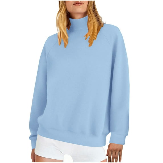 safuny Turtleneck Pullover Sweatshirt for Women Solid Color Long Sleeve Top Fall Winter Fashion Pullover Light Blue XL