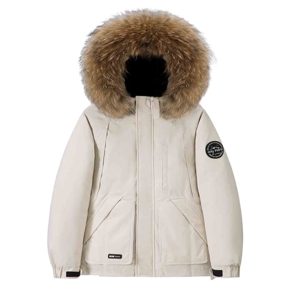 safuny Unisex Down Jacket Faux Fur Lined Thicker Cozy Skiing Coat Long Sleeve Hooded Outerwear with Pockets Zipper for Winter Outdoor Activities Khaki XXL
