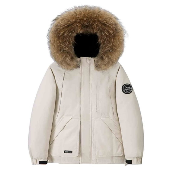 safuny Unisex Down Jacket Faux Fur Lined Thicker Cozy Skiing Coat Long Sleeve Hooded Outerwear with Pockets Zipper for Winter Outdoor Activities Khaki XXXL