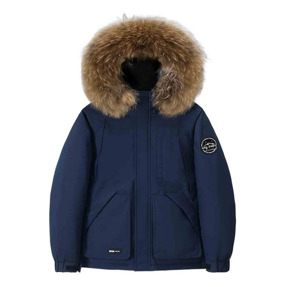 safuny Unisex Down Jacket Faux Fur Lined Thicker Cozy Skiing Coat Long Sleeve Hooded Outerwear with Pockets Zipper for Winter Outdoor Activities Navy XL