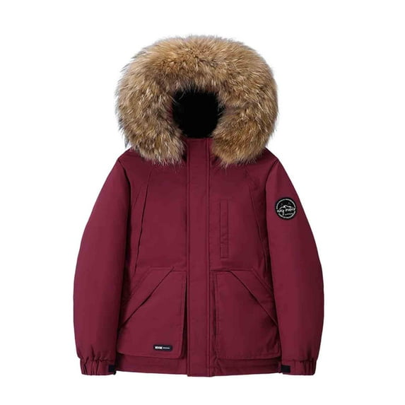 safuny Unisex Down Jacket Faux Fur Lined Thicker Cozy Skiing Coat Long Sleeve Hooded Outerwear with Pockets Zipper for Winter Outdoor Activities Wine XL