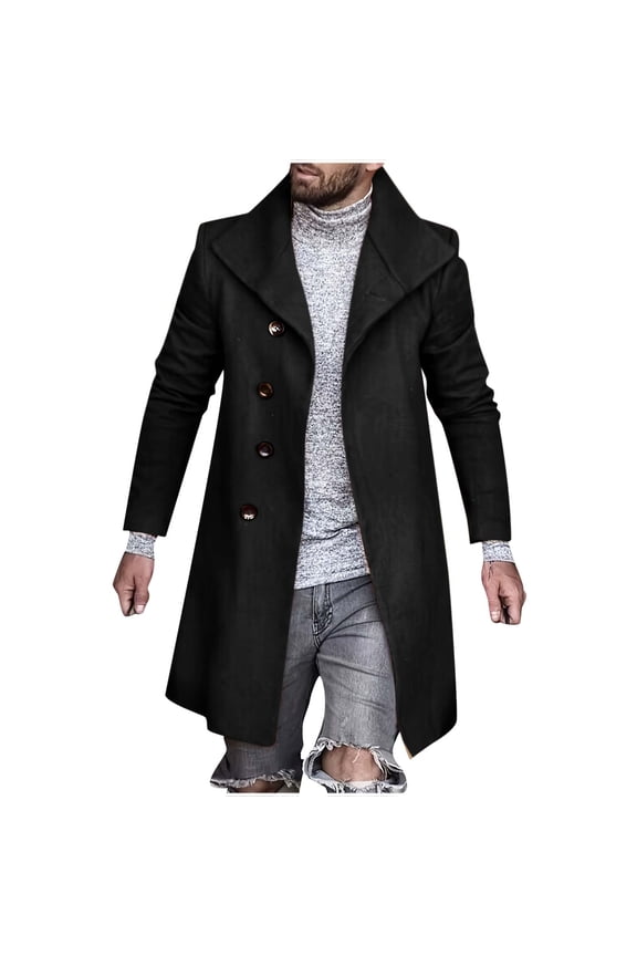 Winter Windbreaker Overcoat for Men And Business Woolen Coat Fashion Double Breasted Lapel Mid Length Coat Coat Christmas Long Sleeve Casual Outwear Work Black M
