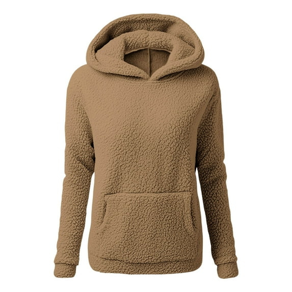 safuny Women Fuzzy Fleece Hoodie Fashion Casual Warm Sweatshirts Long Sleeve Solid Color Winter Hooded Khaki _u S