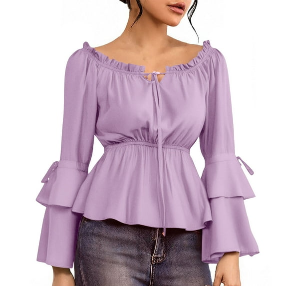 safuny Women Renaissance Shirt Off Shoulder Ruffle Sleeve Casual Loose Blouse Tops Drawstring Neck Shirts Purple _c L