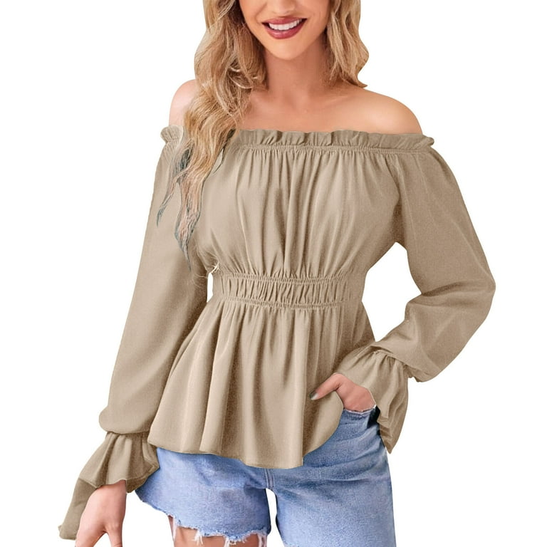 safuny Women Solid Color Blouse Off Shoulder Lantern Sleeve Shirt