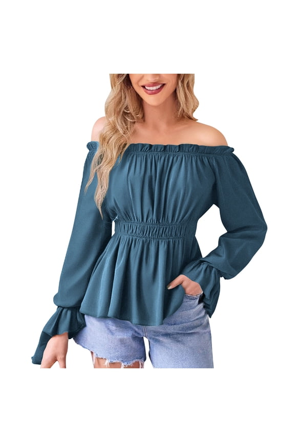 Women Solid Color Blouse Off Shoulder Lantern Sleeve Shirt Tops Ruffle Hem Fashion Clothing Navy _b L