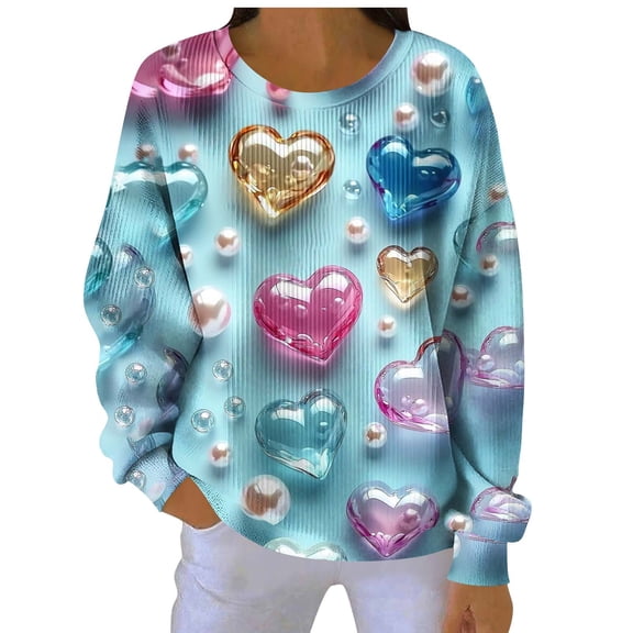 safuny Women Valentine Loose Hem Sweatshirt Full-Print Heart Lightweight Versatile Top For Daily Wear And Weekend Hangouts Multicolor XL