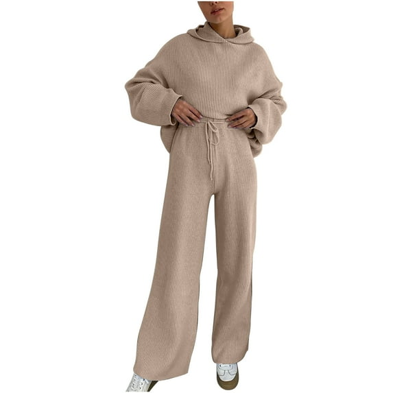 safuny Women's 2 Piece Outfits Sweatsuit Loose Lounge Sets Clothing Fashion Autumn Spring Winter Long Sleeve Shirts Crew Neck Pullover Wide Leg Pants Solid Tees Khaki L