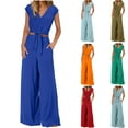 thumbnail image 1 of safuny Women's 2 Piece Sets Loungewear Wide Leg Pants Straight Summer High Waist Shorts Sleeve V Neck Trousers Bandage Loose with Pocketfor Women Solid Color Causal Army Green XL, 1 of 9