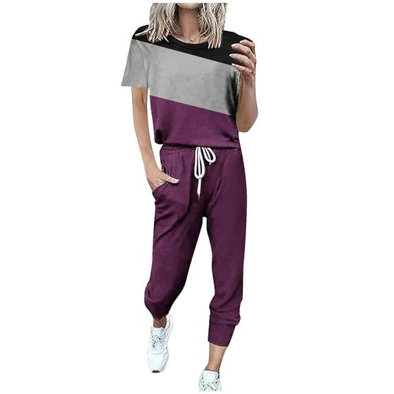 safuny Women's 2 Piece Sets Tracksuit Pajama Lounge Jogger Sets Colorblock Short Sleeve Pullover Sweatpants Casual Sports Running Sweatsuit Trendy Summer Outfits Purple