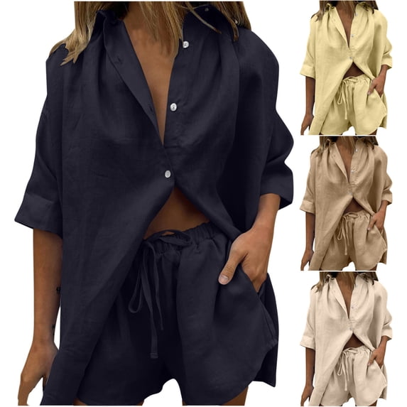 safuny Women's 2 Piece Sets Tracksuit Solid Color Cotton Short Sleeve Lapel Button Shirts Biker Shorts Drawstring Casual Workout Sweatsuit Trendy Summer Outfits Beige