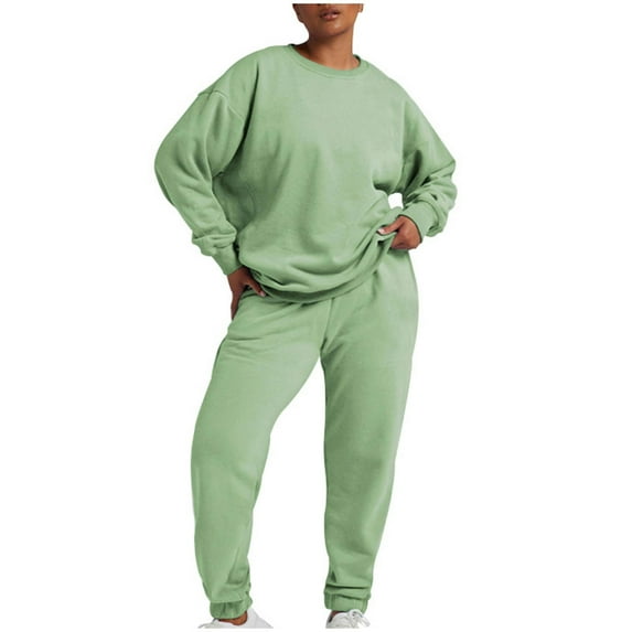 safuny Women's 2 Piece Tracksuit Loose Sweatsuit Solid Tops Elastic Waist Pants Holiday Trendy Shirts Long Sleeve Round Neck Sweatshirts Casual Relaxed Fall Green M