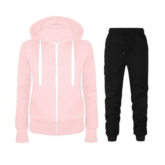 safuny Women's 2Pc Tracksuit Fit Sweatsuit Fall Holiday Elastic Waist Pants Solid Zipper-Up Pullover Trendy Shirts Long Sleeve Hooded Jacket Sports Casual Relaxed Pink XL