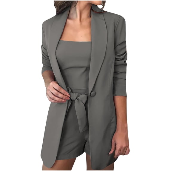 safuny Women's 3pc Set Suit Outfits Solid Color Comfy Casual Long Sleeve Dressy Lapel Plus Size Suit For Girlfriend Wife Daughter Clearance Dark Gray