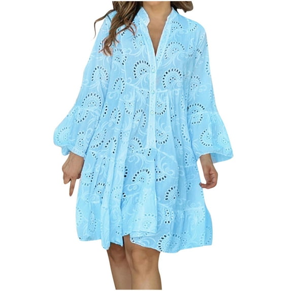 safuny Women's Above Knee Dress Solid Lace Eyelet V Neck Winter Embroidery Elegant Fashion Vacation Long Sleeve Autumn Dress Light Blue XL