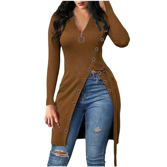 safuny Women's Above Knee Dress Sweatshirt Solid Fashion Vacation Winter Autumn Dress Long Sleeve Zipper Neck Button Side Split Coffee S