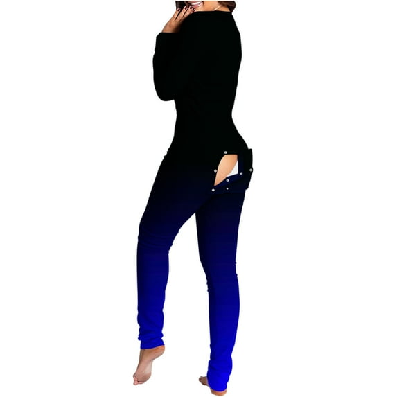 safuny Women's Adults Slim Jumpsuit Button Functional Buttoned Flap Girls Holiday Long Sleeve V Neck Trendy Trousers Casual Comfy Clearance Gradient Teen Blue XXL