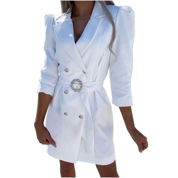 safuny Women's Anoraks Dressy Loose Suit Neck Long Sleeve Solid Color Plus Size Double Breasted Button Ladies Front Style Slim Dress Comfy Casual For Mujer Elegante White S