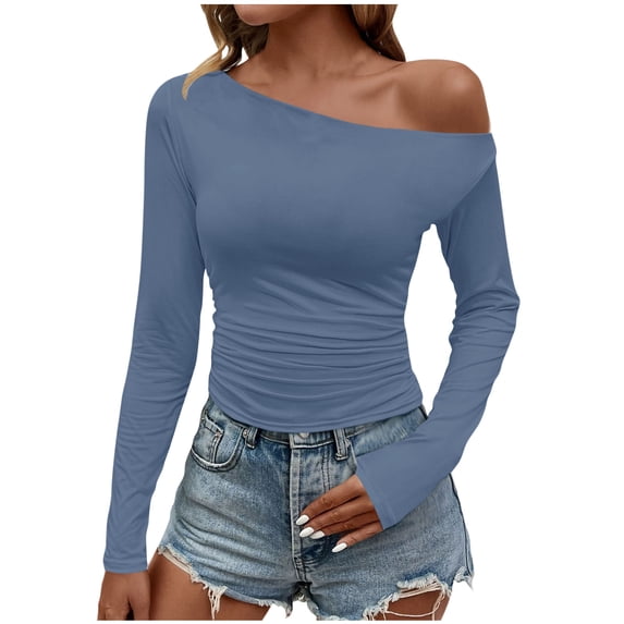 safuny Women's Asymmetrical Neck Off The Shoulder Tops Ruched Waist Slim Long Sleeve Trendy Pullover Dark Blue _i L